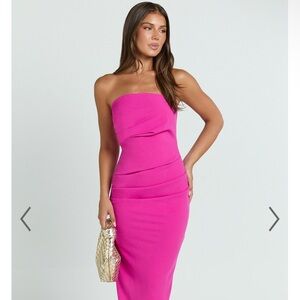 ISO PINK STRAPLESS MIDI DRESS
